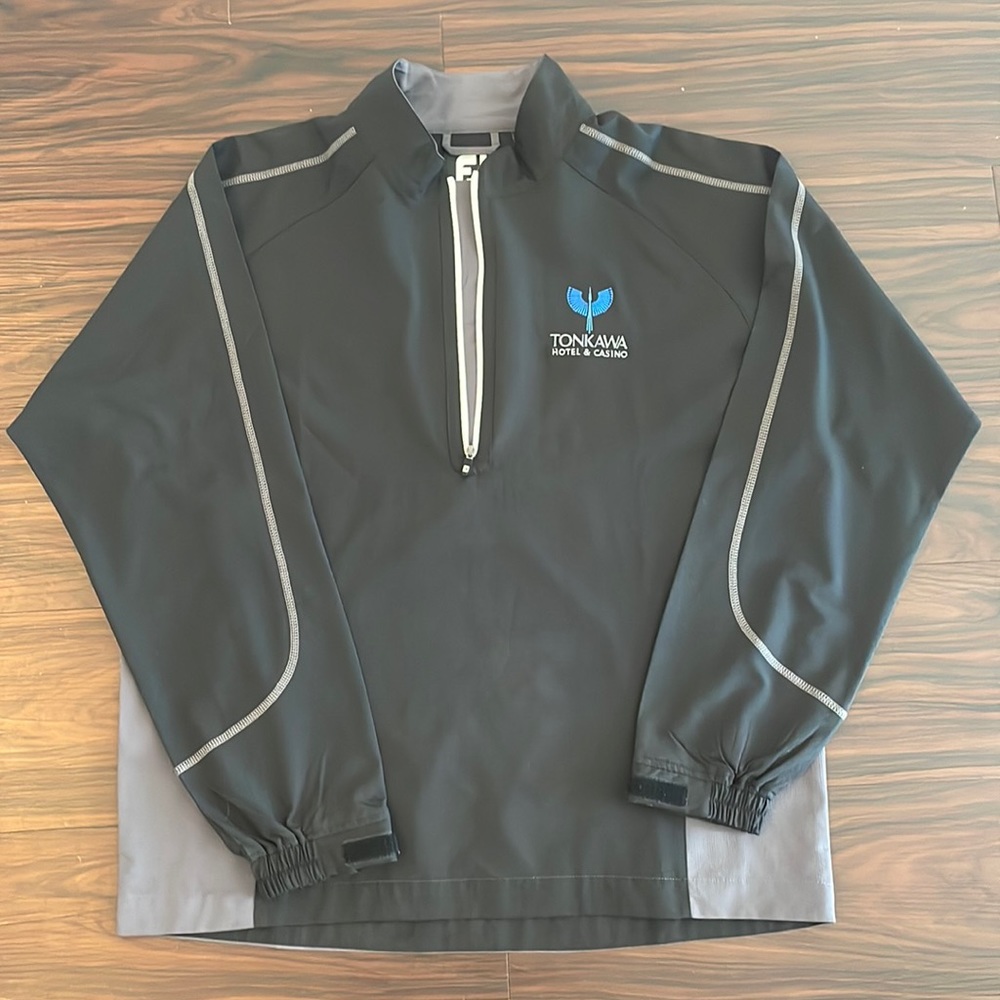 FootJoy Half-Zipper pullover. Color- Black with white zippers and gray.